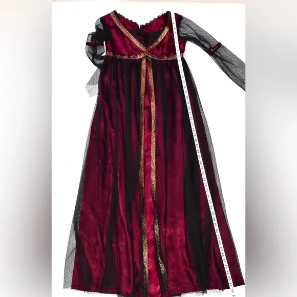 Ladies full length a line renaissance dress magenta satin and lace costume - Picture 3 of 8